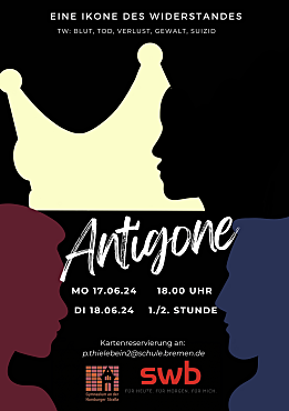 Hier sehen Sie das Veranstaltungsplakat des Theaterstücks Antigone der Q1.