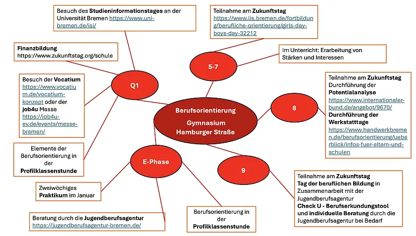 Hier sehen Sie ein Schaubild mit den Bausteinen der Berufsorientierung unserer Schule