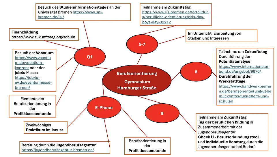 Hier sehen Sie ein Schaubild mit den Bausteinen der Berufsorientierung unserer Schule